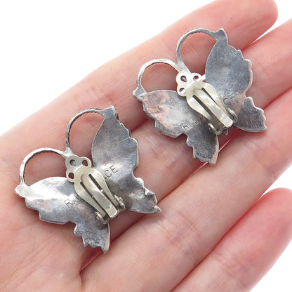 R WALLACE Old Pawn Sterling Opal Turquoise Coral Onyx Butterfly Clip On Earrings