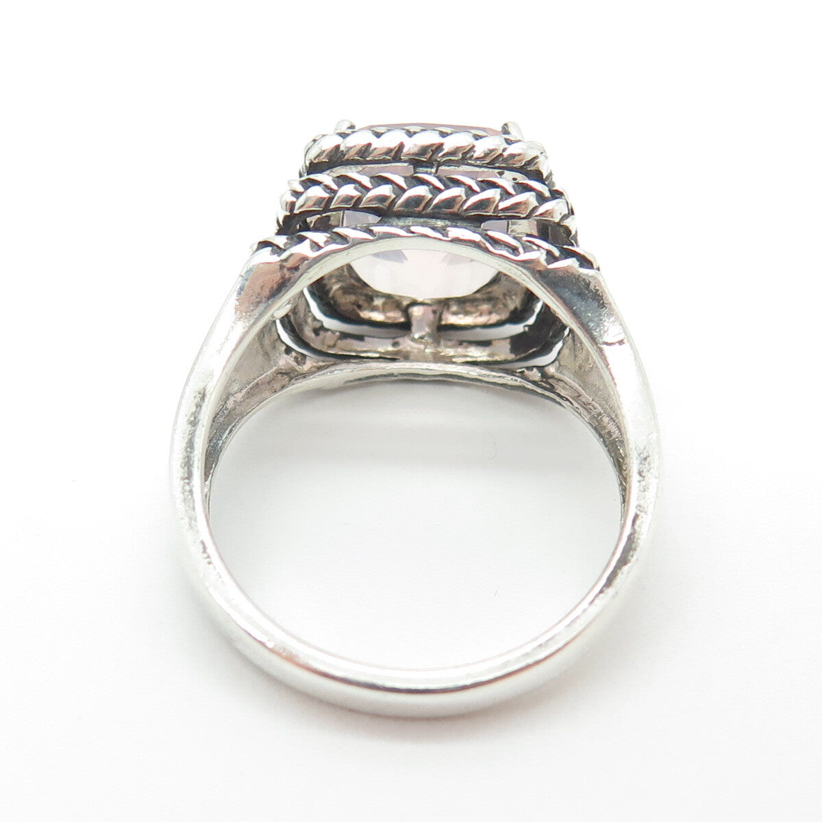 MICHELLE ALBALA 925 Sterling Silver Vintage Rose Quartz Wicker Ring Size 10