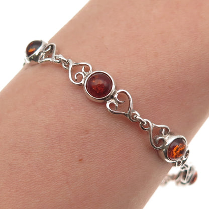 925 Sterling Silver Vintage Real Amber Heart Oxidized Bracelet 6.75"