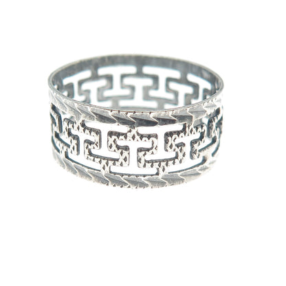ELIO 925 Sterling Silver Vintage Greek Maze Oxidized Band Ring Size 7.75