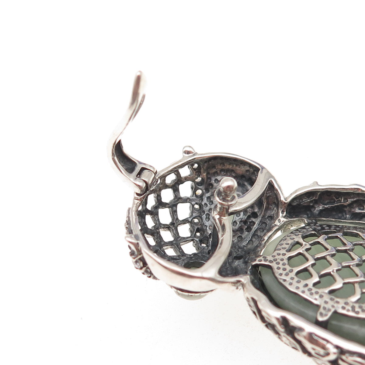925 Sterling Silver Vintage Real Jade & C Z Owl Bird Oxidized Slide Pendant
