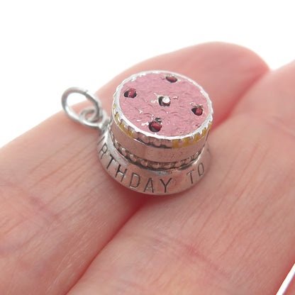 925 Sterling Silver Antique Enamel Happy Birthday To You Cake Minimalist Pendant