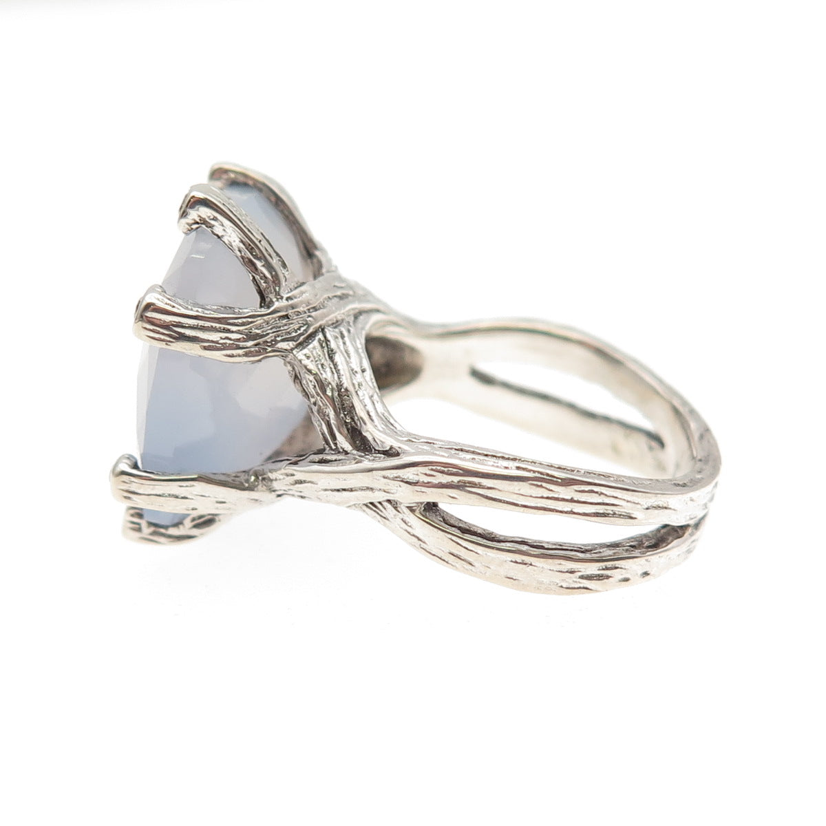 925 Sterling Silver Vintage Real Diamond & Chalcedony Modernist Ring Size 5.5