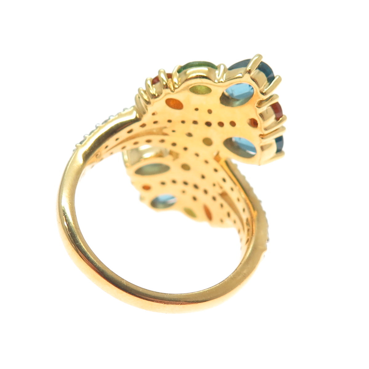 925 Sterling Gold Plated Blue White Topaz & Fire Tsavorite Garnet Ring Size 7.5
