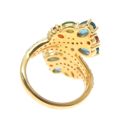 925 Sterling Gold Plated Blue White Topaz & Fire Tsavorite Garnet Ring Size 7.5