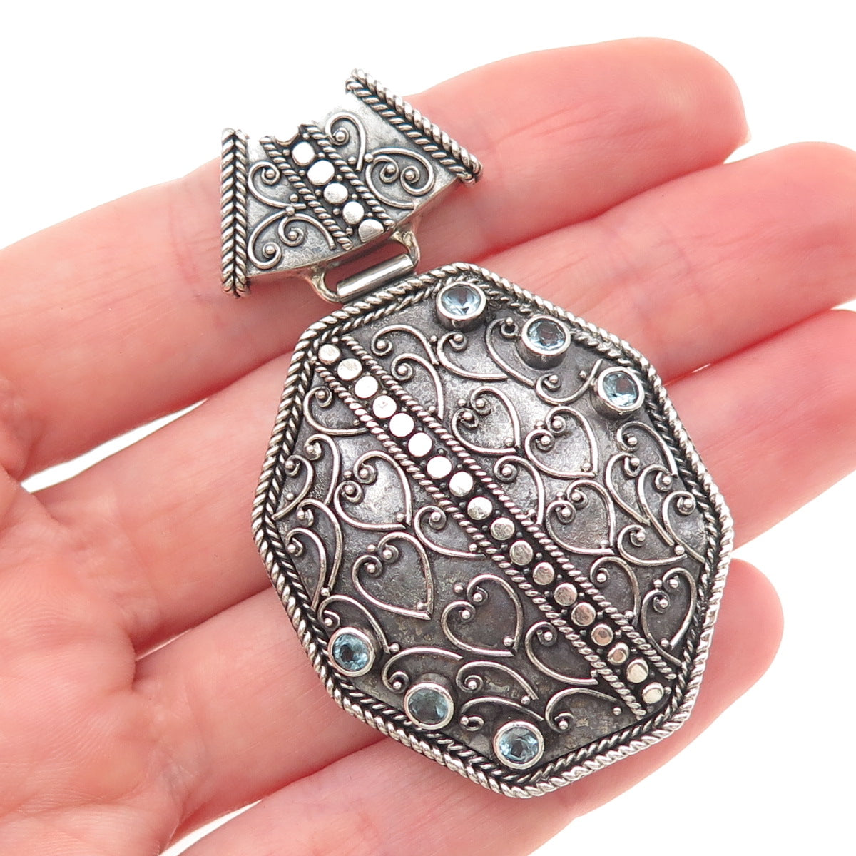 925 Sterling Silver Vintage Real Blue Topaz Heart Ornate Oxidized Slide Pendant