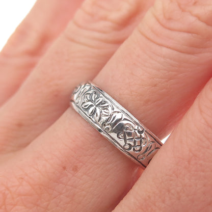 925 Sterling Silver Vintage Engraved Lotus Flower Oxidized Band Ring Size 9