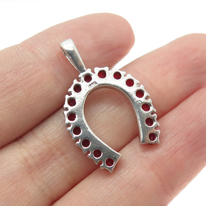 925 Sterling Silver Vintage Red C Z Horseshoe For Good Luck Pendant