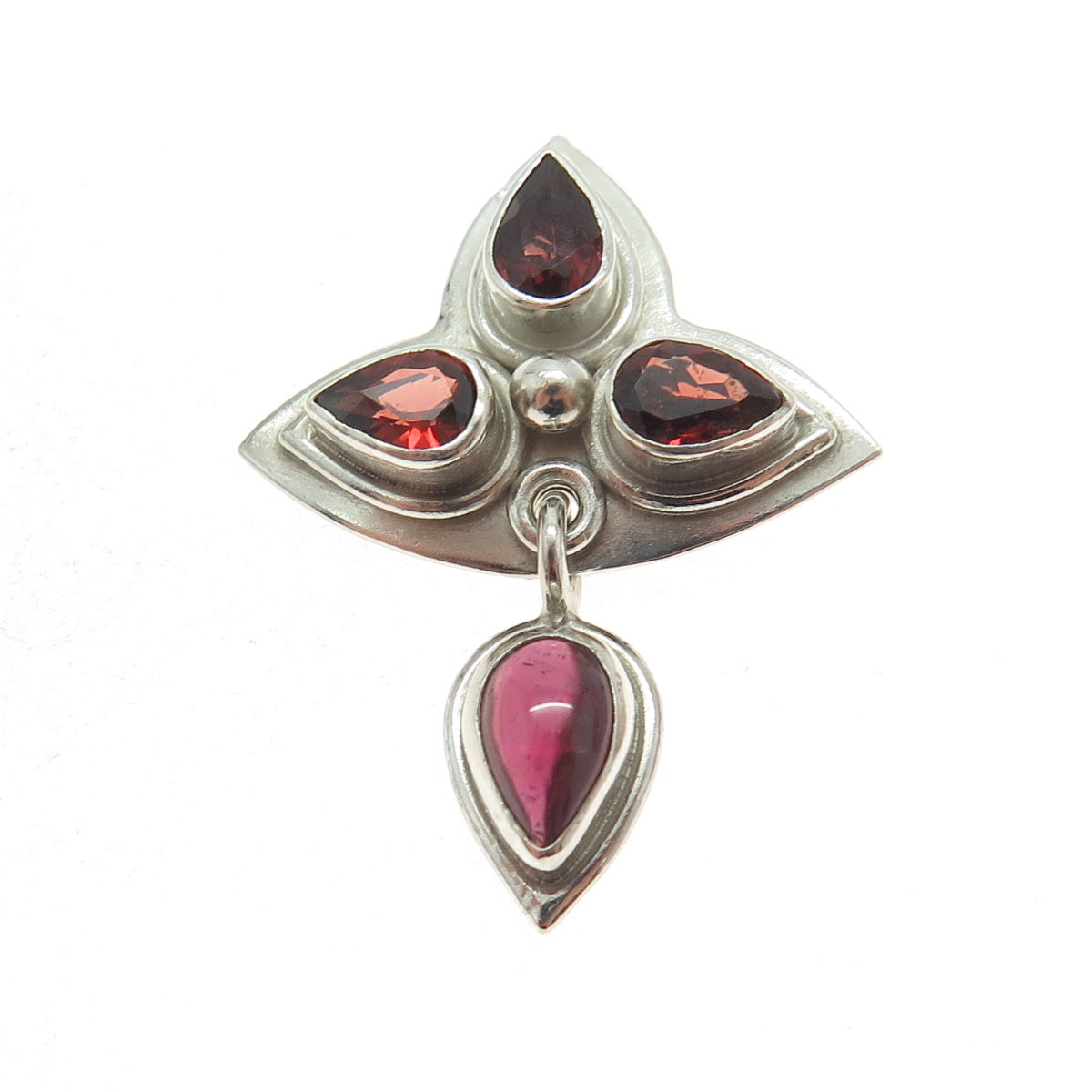 SAJEN 925 Sterling Silver Vintage Real Tourmaline & Red Garnet Gemstone Pendant