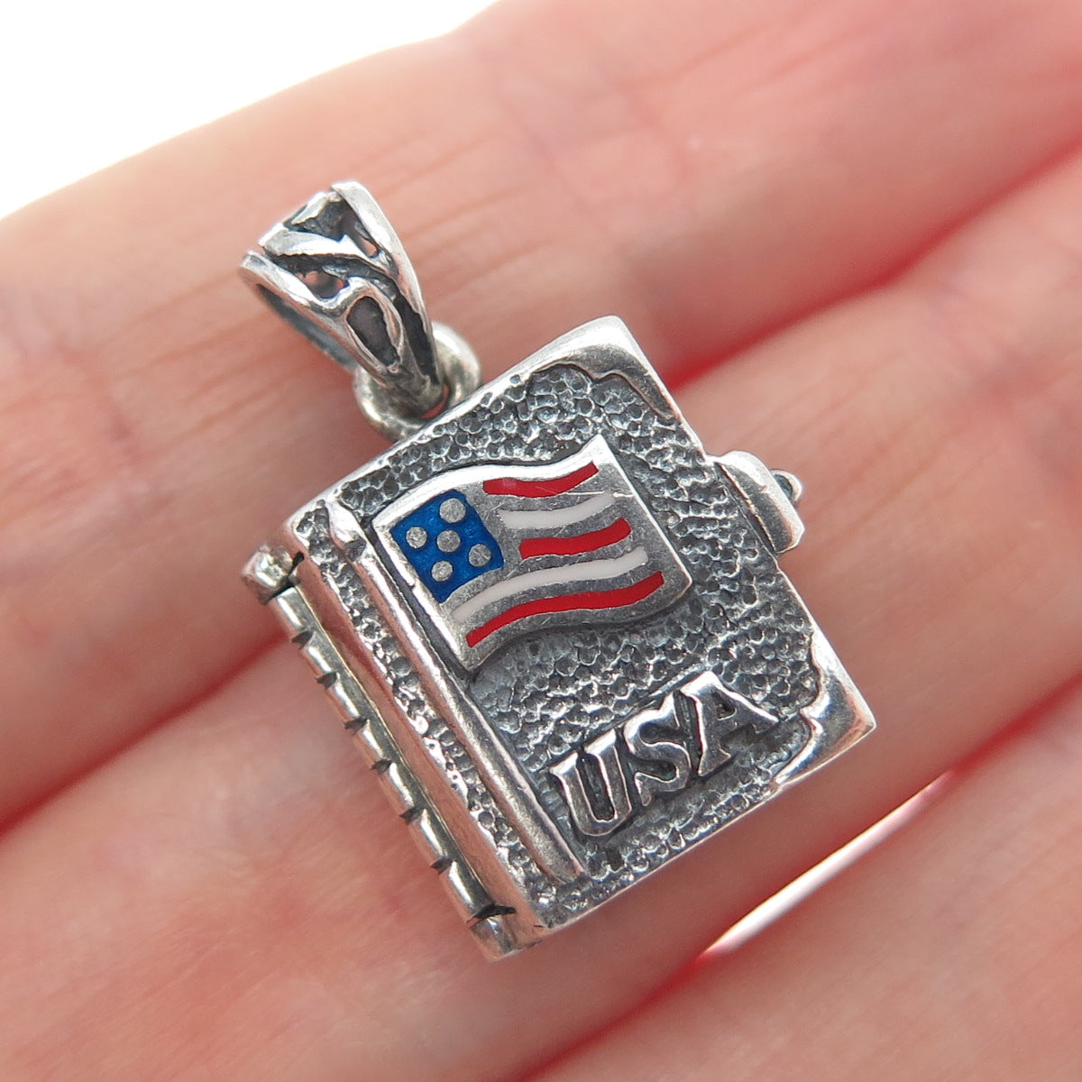 925 Sterling Silver Vintage Enamel USA Flag Cross Locket Oxidized Charm Pendant