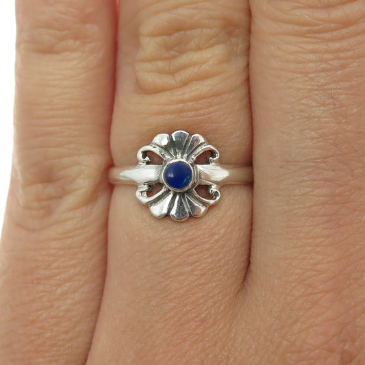 925 Sterling Silver Vintage Real Lapis Lazuli Floral Ring Size 6