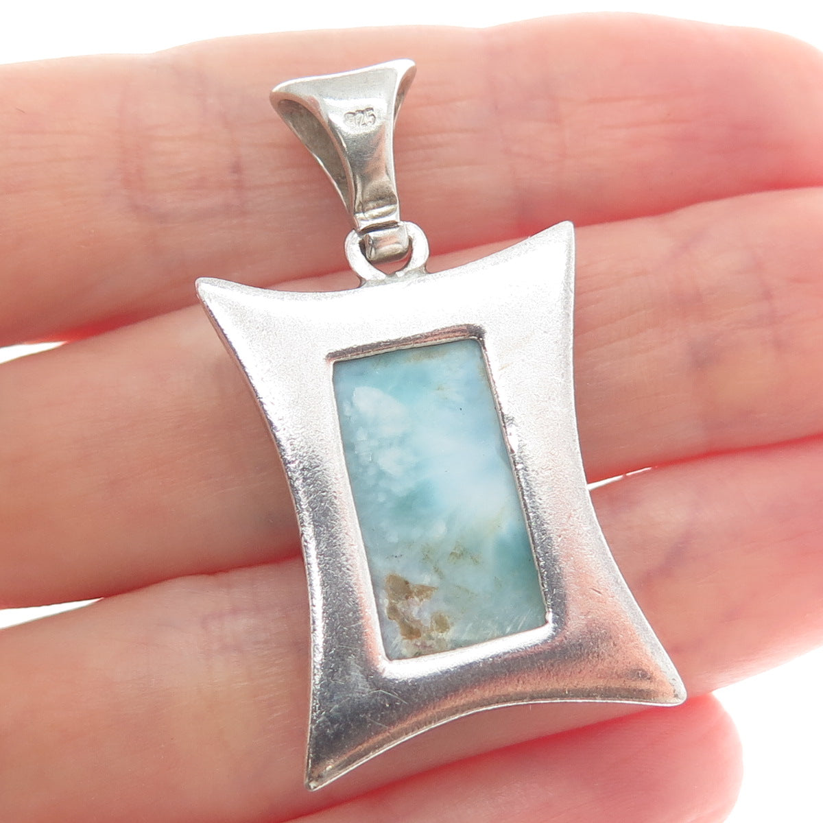 925 Sterling Silver Vintage Real Larimar Gemstone Modernist Pendant