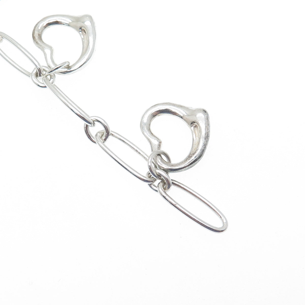 925 Sterling Silver Vintage Open Heart Charms Paperclip Link Bracelet 7"