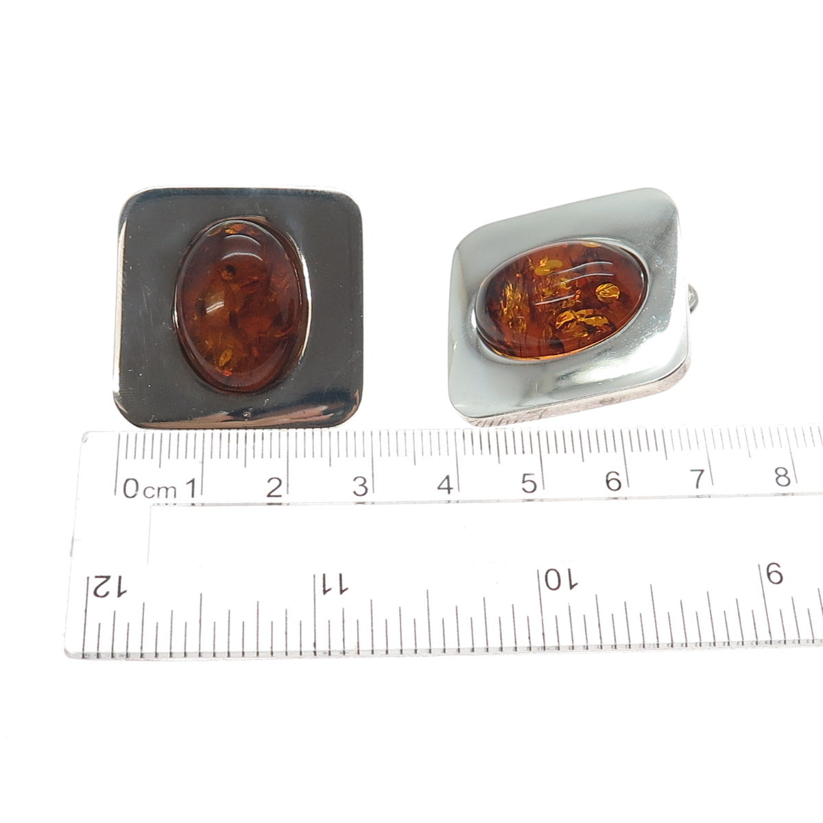 925 Sterling Silver Vintage Real Amber Modernist Omega Back Earrings