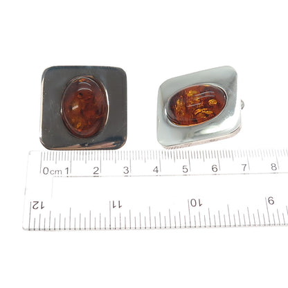 925 Sterling Silver Vintage Real Amber Modernist Omega Back Earrings