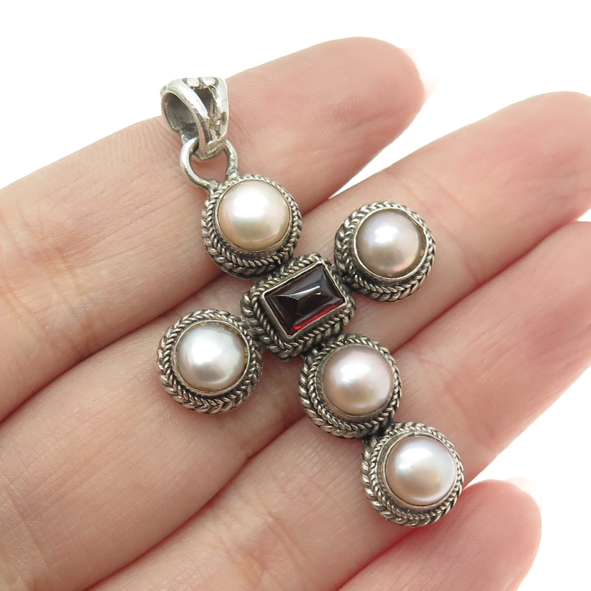 925 Sterling Silver Vintage Real Tahitian Pearl & Red Garnet Gem Cross Pendant