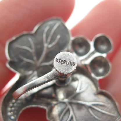 925 Sterling Silver Vintage Grape & Leaf Repopusse Screw Back Earrings