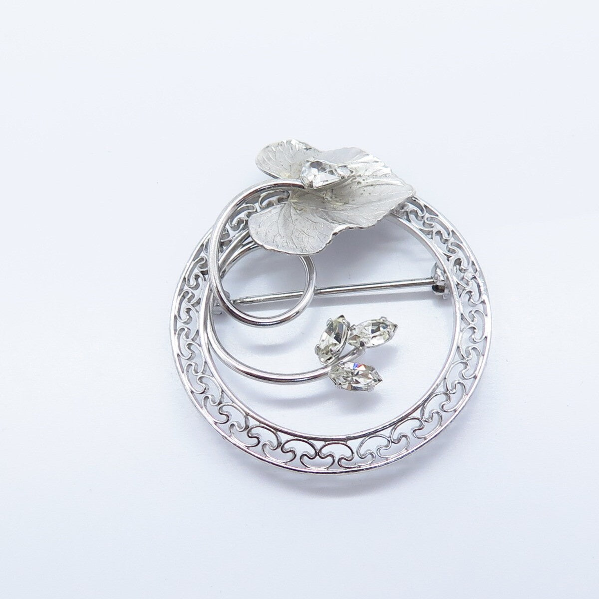 925 Sterling Silver Vintage Carl Art Rhinestone Leaf Pin Brooch