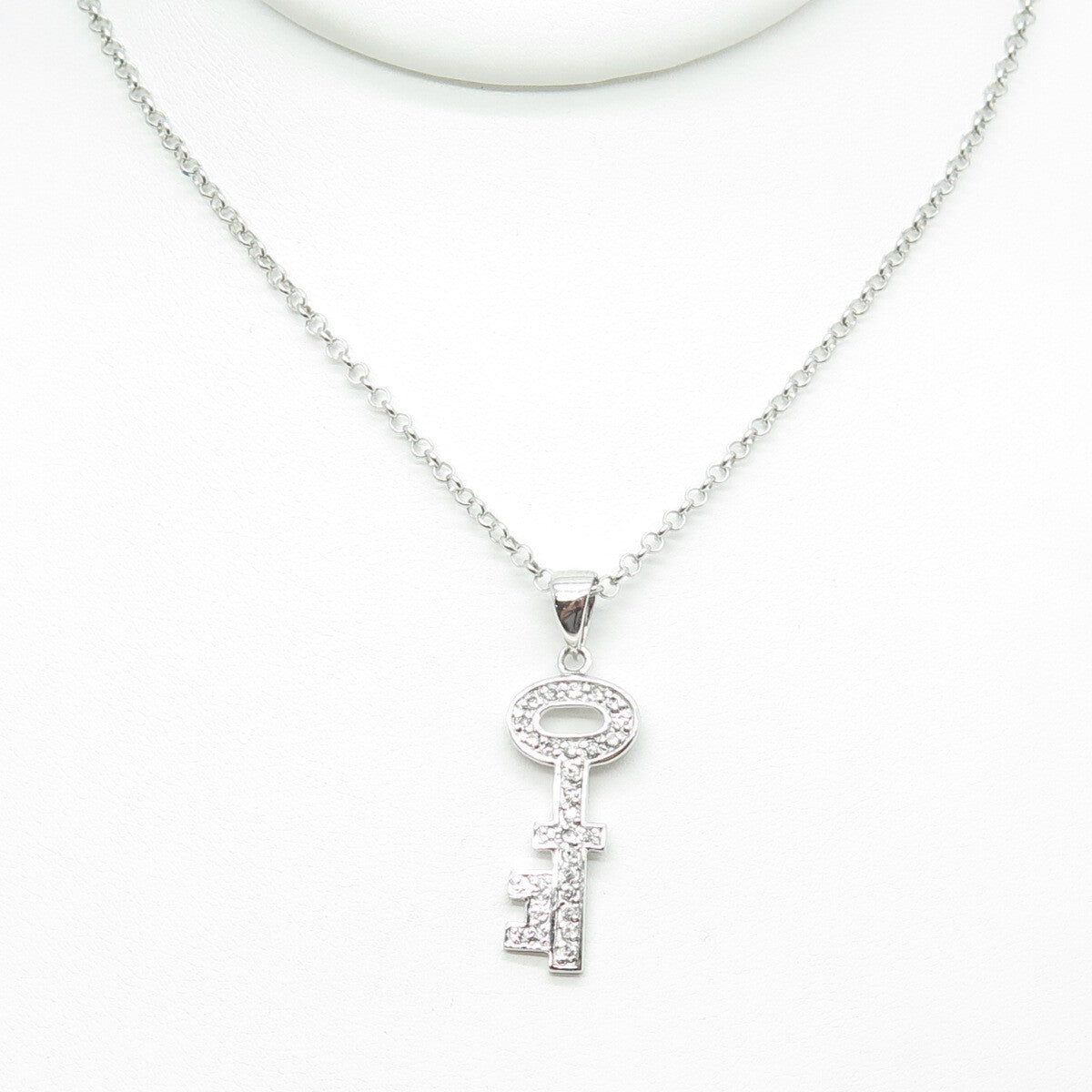 925 Sterling Silver Round-Cut C Z Key Rolo Chain Necklace 16"