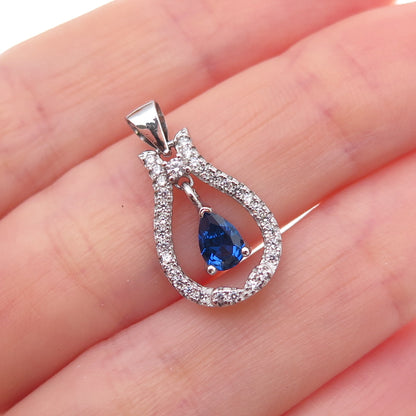 925 Sterling Silver Blue & White C Z Teardrop Charm Pendant