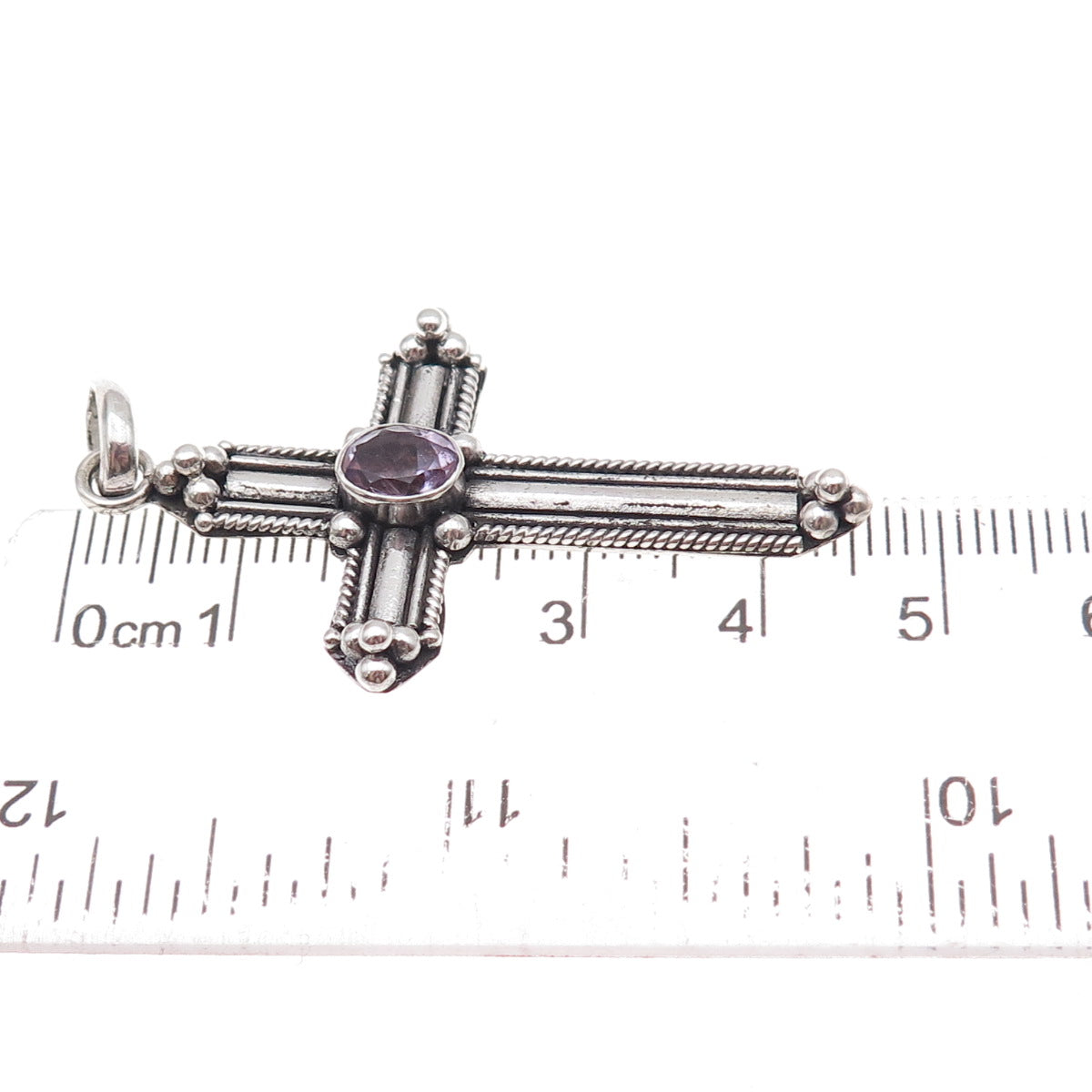 925 Sterling Silver Vintage Real Amethyst Cross Oxidized Pendant