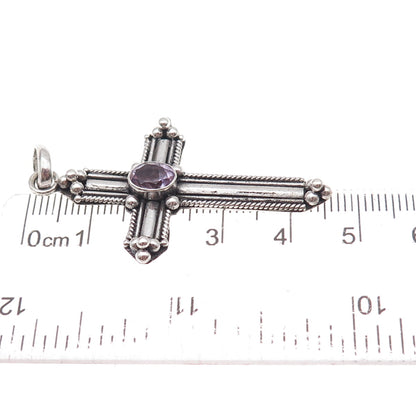 925 Sterling Silver Vintage Real Amethyst Cross Oxidized Pendant