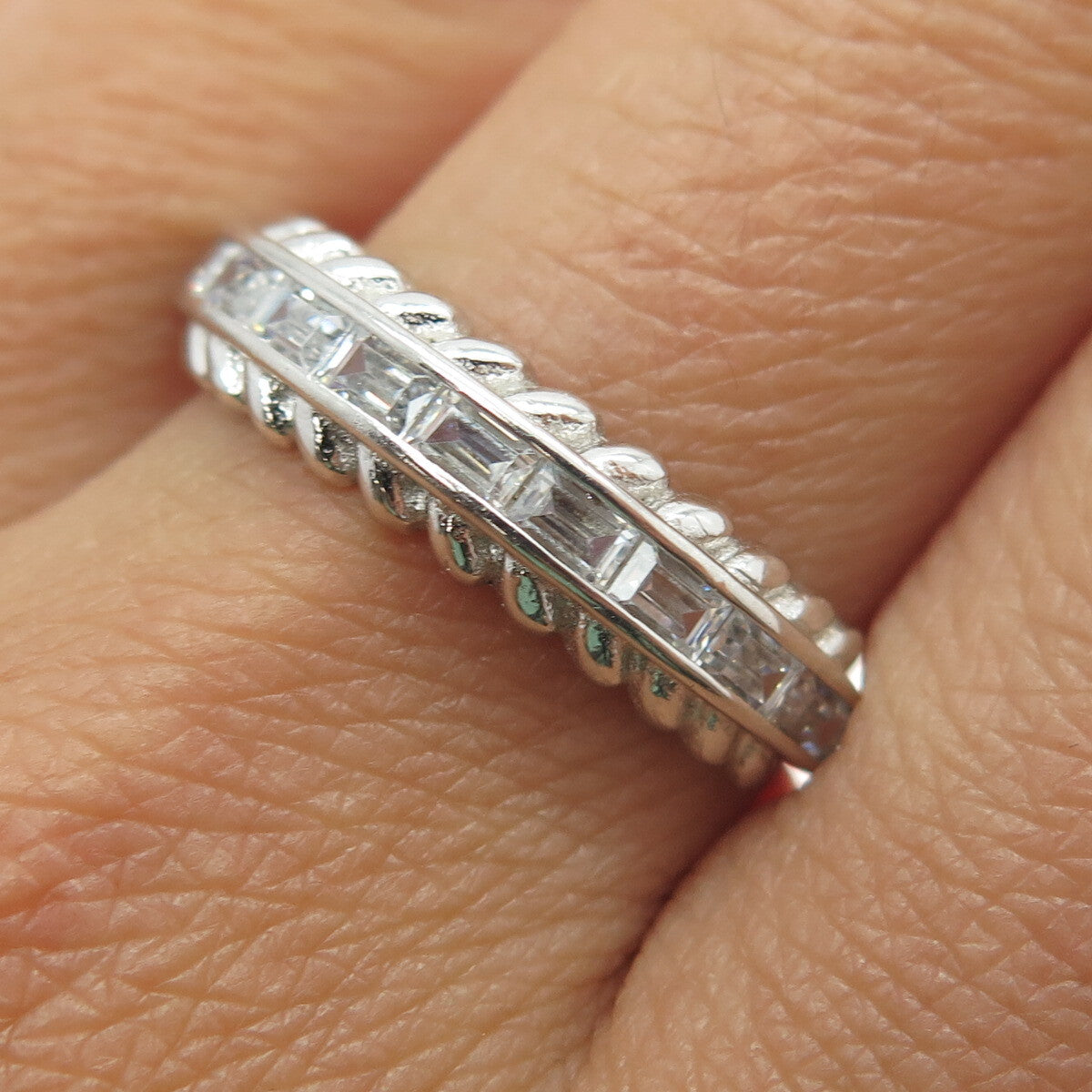 925 Sterling Silver Baguette-Cut C Z Modernist Ring Size 11.25