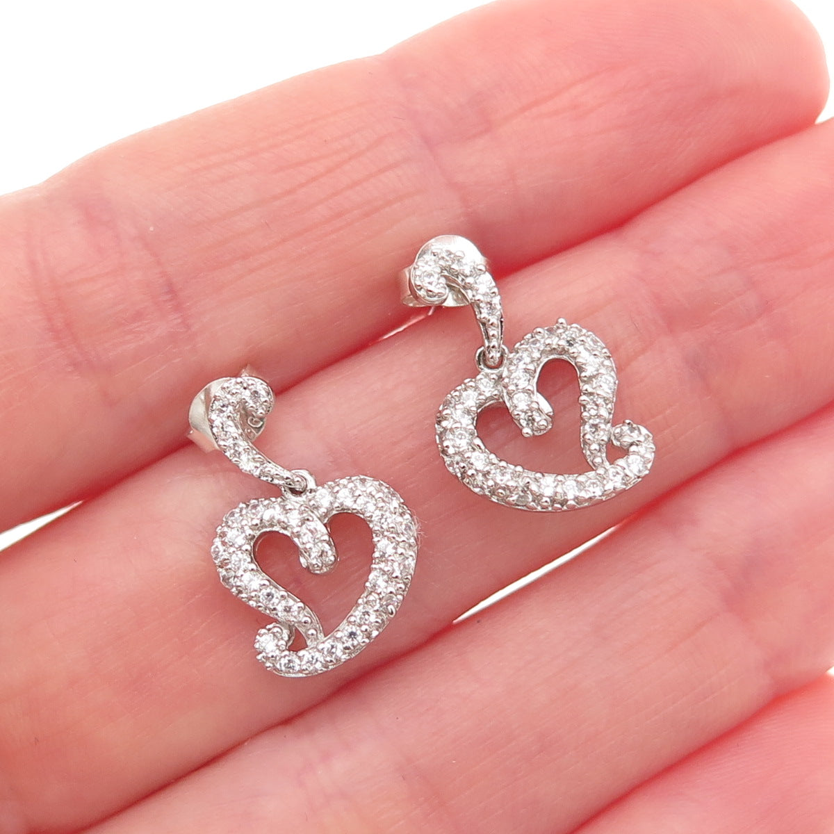 925 Sterling Silver Round-Cut C Z Heart Dangle Earrings