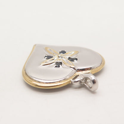 925 Sterling Silver 2-Tone Vintage Real Diamond Accent & Sapphire Heart Pendant