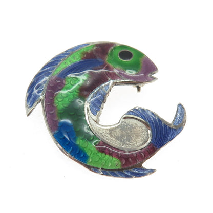 RODOLFO ESPINOZA 925 Sterling Silver Vintage Mexico Enamel Fish Pin Brooch