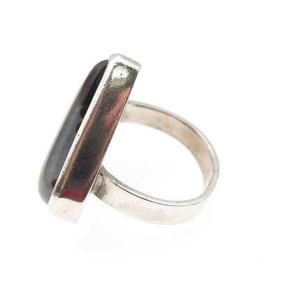 925 Sterling Silver Vintage Real Black Agate Modernist Ring Size 5.5
