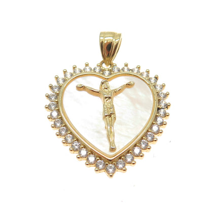 925 Sterling Silver Gold Plated Real Mother-of-Pear & C Z Crucifix Heart Pendant