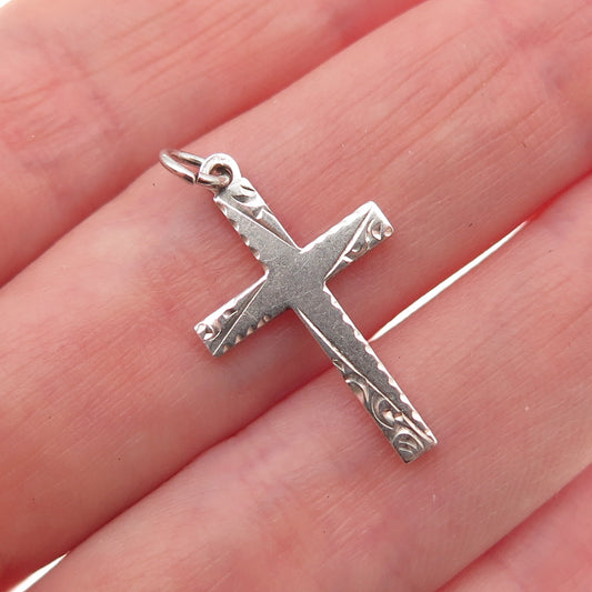 925 Sterling Silver Antique Art Deco Engraved Floral Cross Charm Pendant