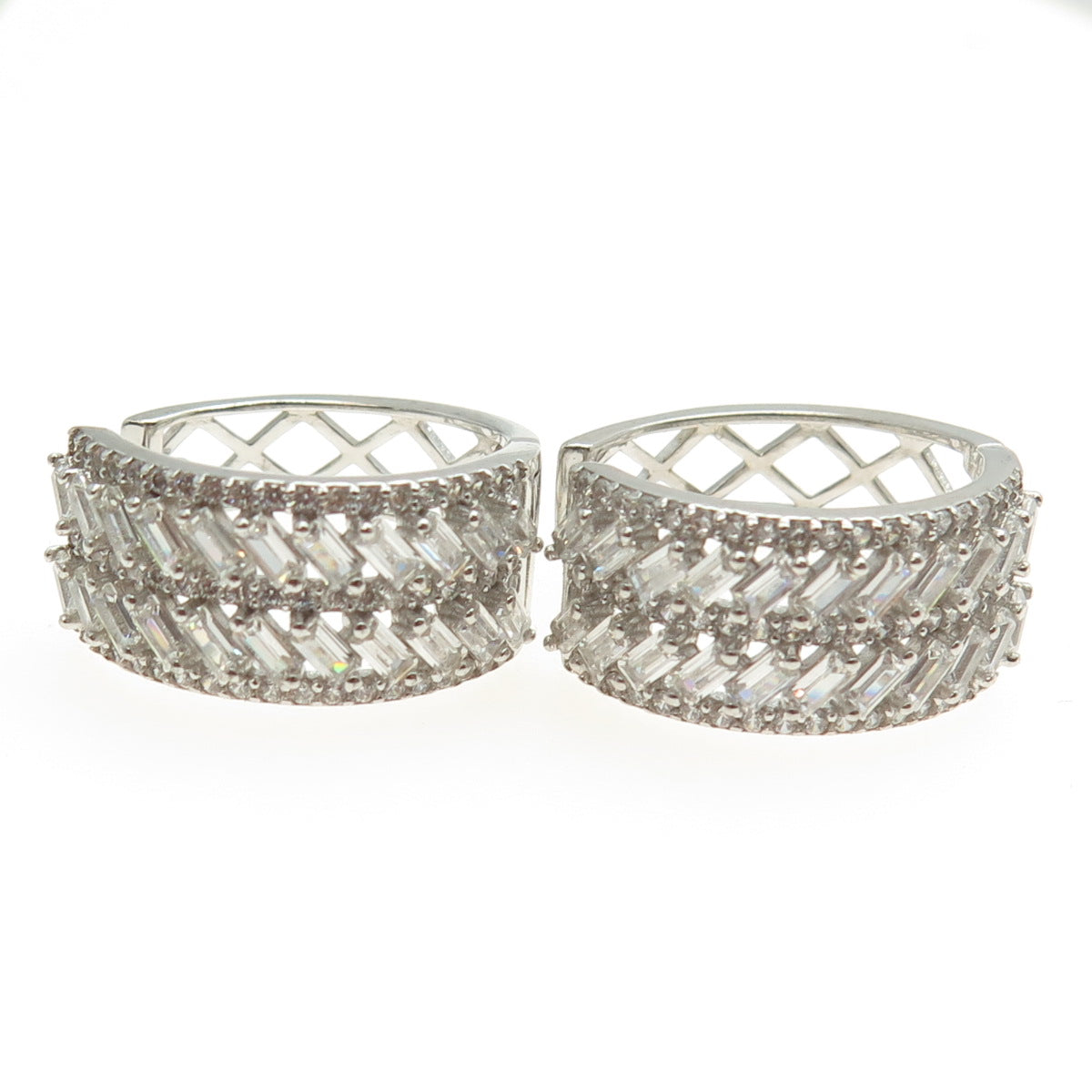 925 Sterling Silver Baguette & Round-Cut C Z Hoop Earrings