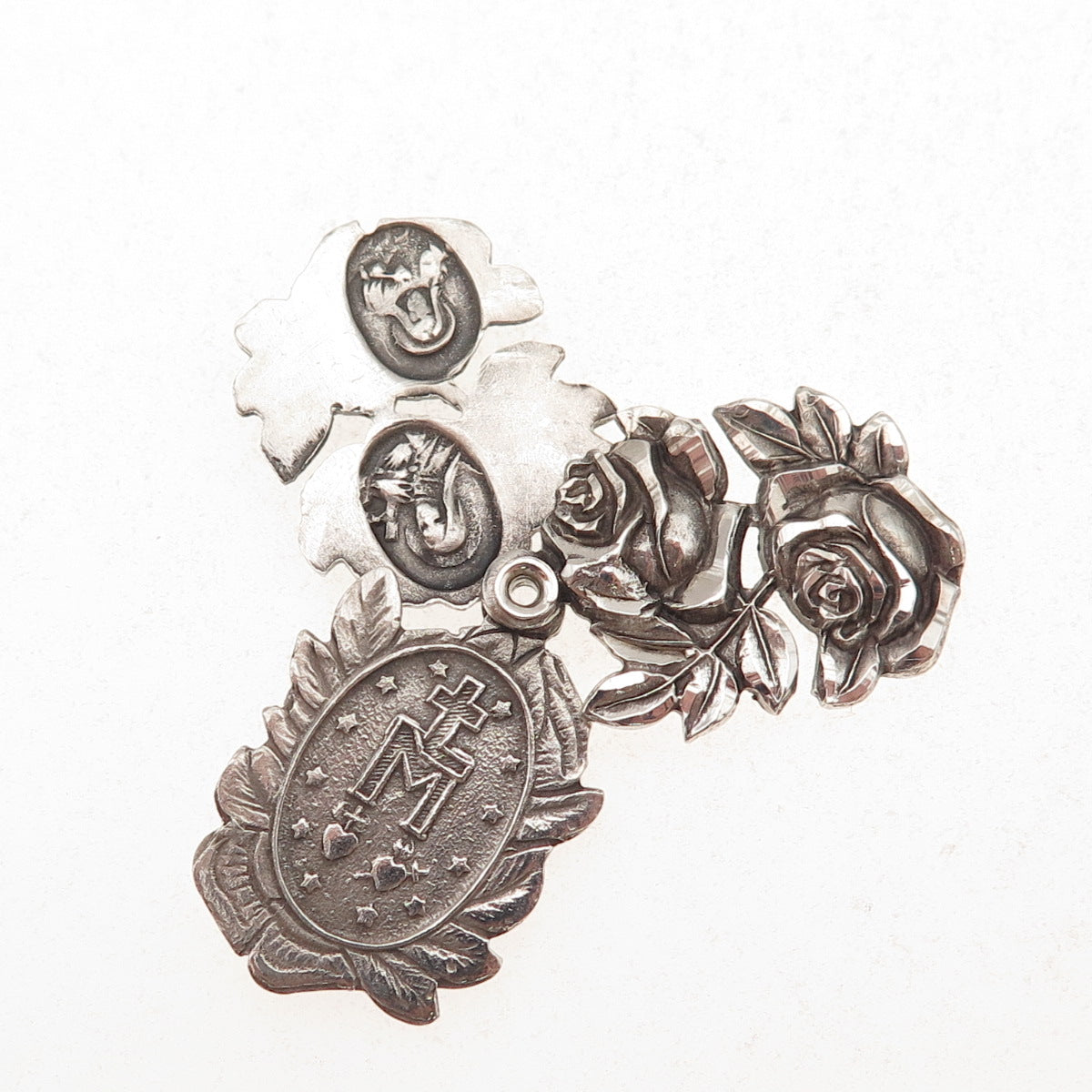 925 Sterling Silver Antique Art Deco St. Mary Holy Rose Slide Charm Pendant