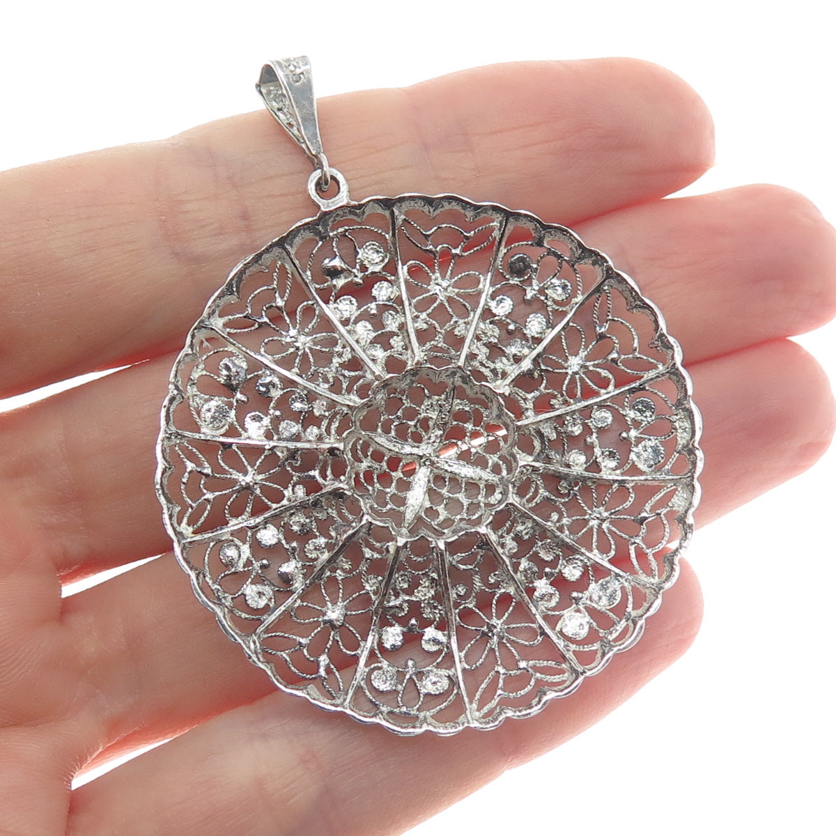 835 Silver Vintage Filigree Floral Oxidized Pendant