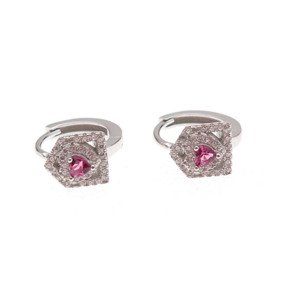 925 Sterling Silver Pink & White C Z Heart Hoop Earrings