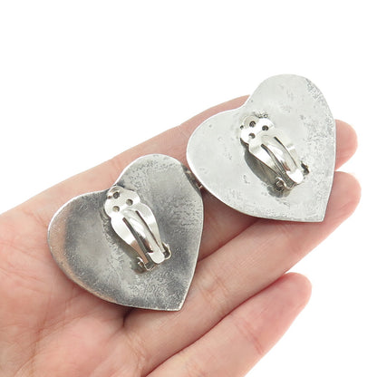 925 Sterling Silver Vintage Mexico Modernist Heart Clip On Oxidized Earrings