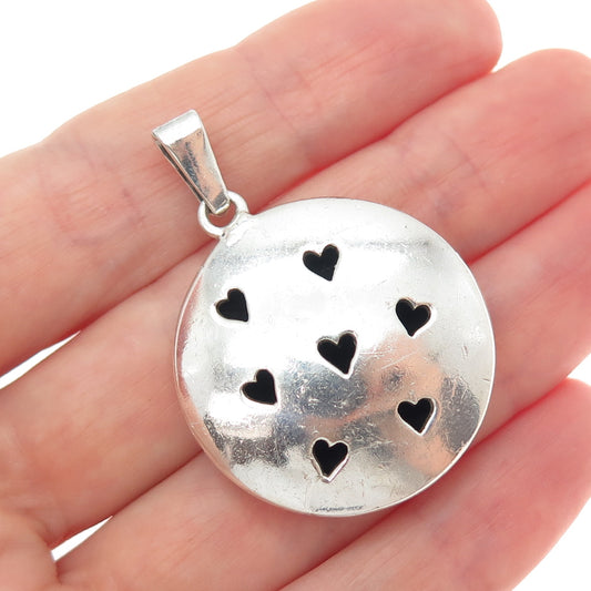 925 Sterling Silver Vintage Mexico Heart Shadow Box Disc Charm Pendant