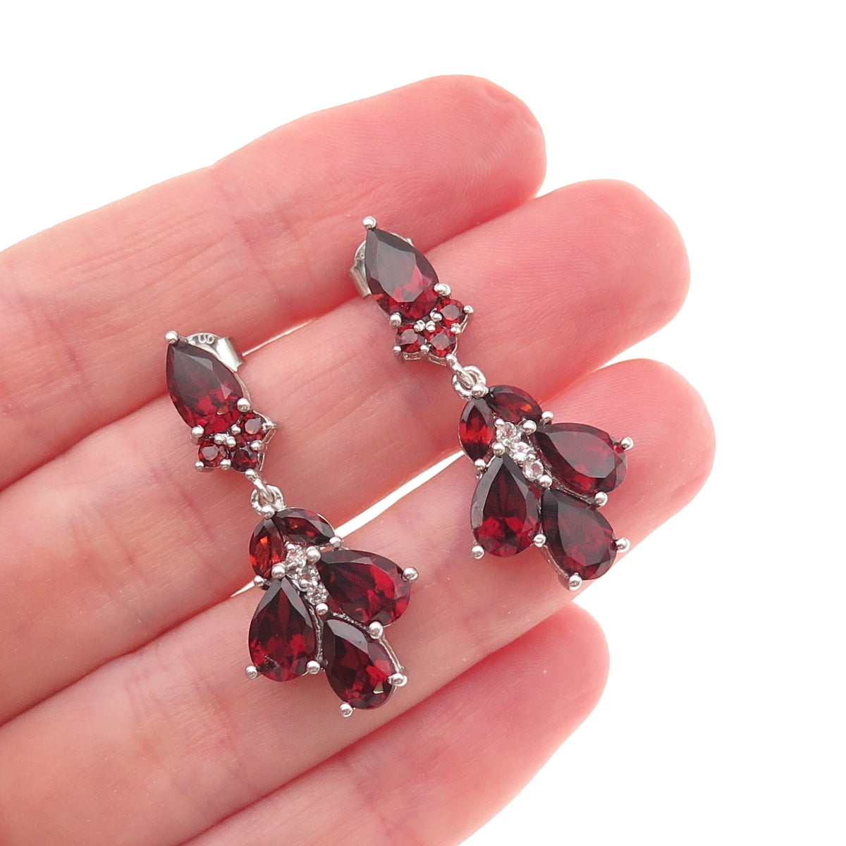 Chuck Clemency 925 Sterling Silver Real Red Garnet & White Topaz Dangle Earrings