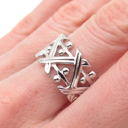 925 Sterling Silver Zig Zag Beaded Wide Band Ring Size 9.25