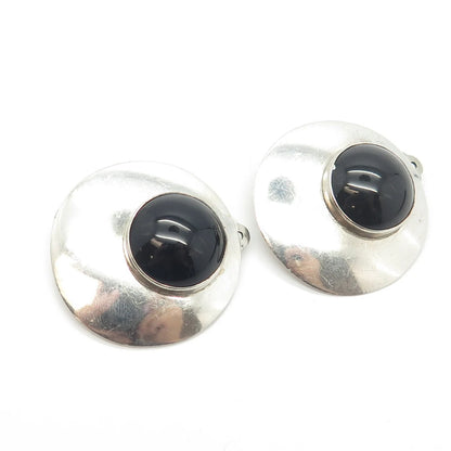 925 Sterling Silver Vintage Real Black Onyx Gem Disc Clip On Earrings