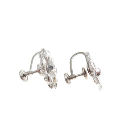 925 Sterling Silver Antique Art Deco Flower Blossom Screw Back Earrings