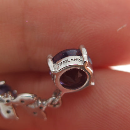 925 Sterling Silver Real Diamond & Amethyst Floral Leaf Dangle Earrings