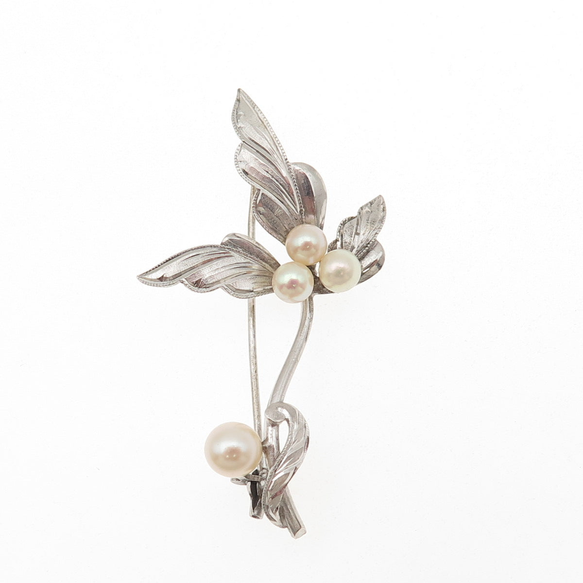 925 Sterling Silver Antique Japan Real Akoya Pearl Floral Pin Brooch