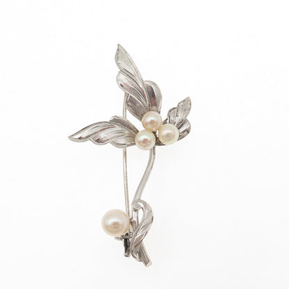 925 Sterling Silver Antique Japan Real Akoya Pearl Floral Pin Brooch