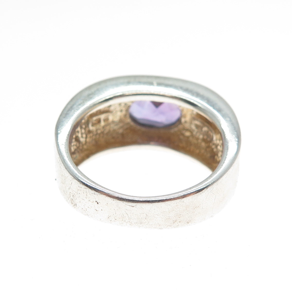 925 Sterling Silver Vintage Real Oval-Cut Amethyst Ribbed Ring Size 7.25
