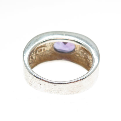 925 Sterling Silver Vintage Real Oval-Cut Amethyst Ribbed Ring Size 7.25