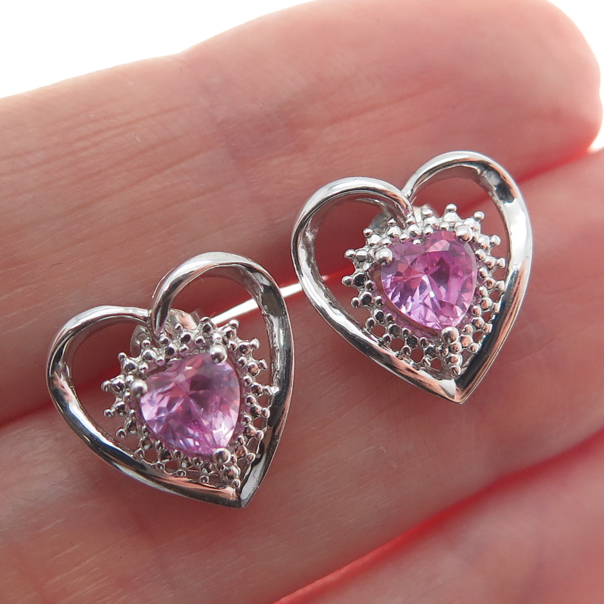 SUN 925 Sterling Silver Real Pink Sapphire Heart Stud Earrings