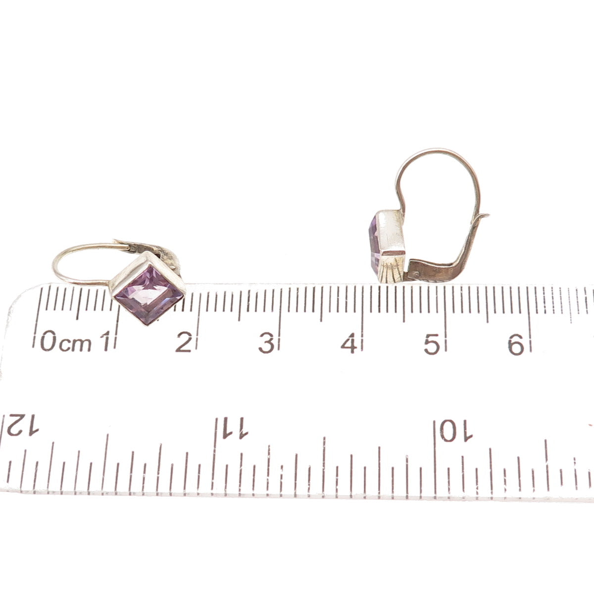 925 Sterling Silver Vintage Real Princess-Cut Amethyst Earrings